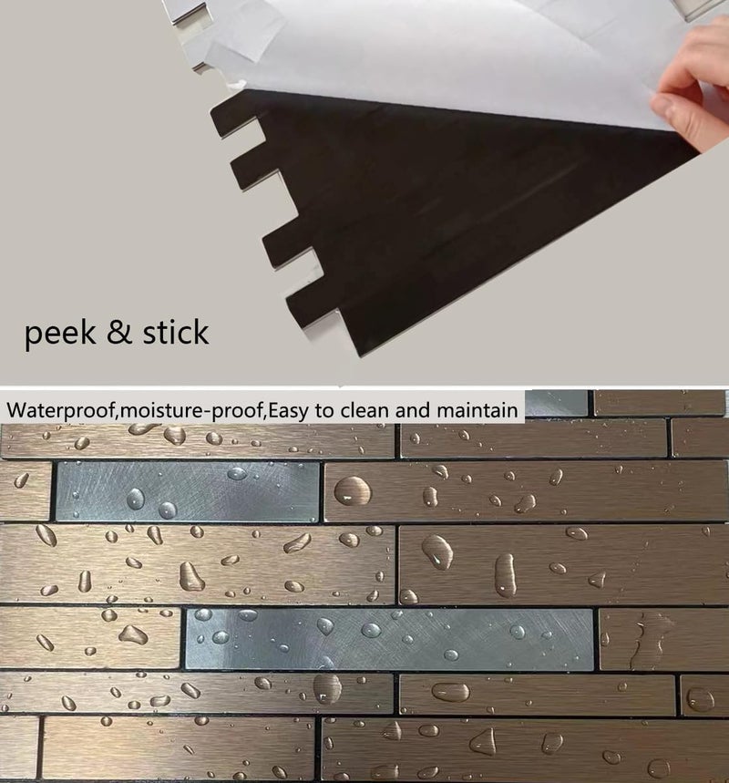 weimeisc 10 Sheets Peel and Stick Backsplash Tile for Kitchen, Self-Adhesive Mosaic Tile, Stick on Bathroom Vanities，Fireplace Décor, Laundry Table(12.8" X 11.3") (Brushed Bronze+Frosted Silver) - Image 4
